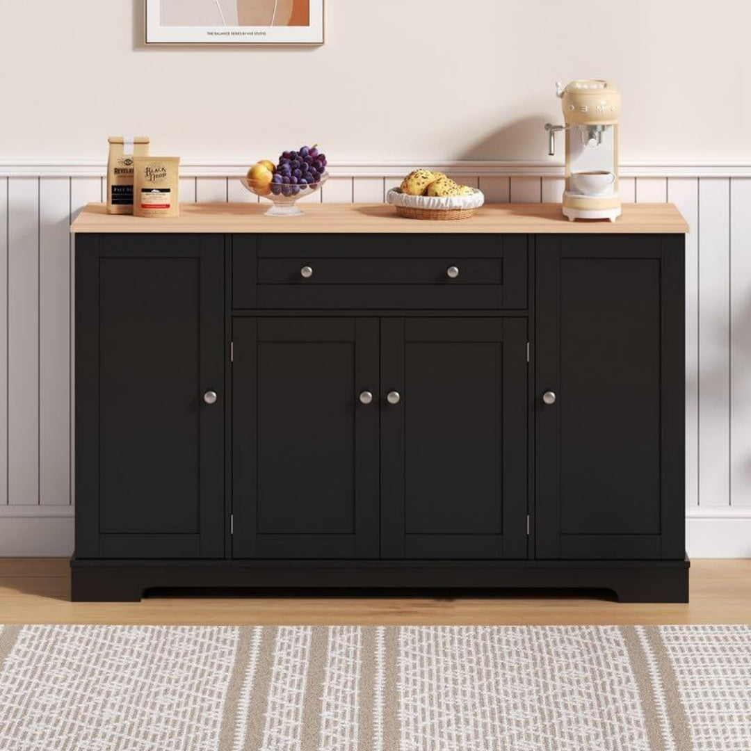 Une touche de caractere, buffet avec tiroirs, avec portes dans un ton noir et vert