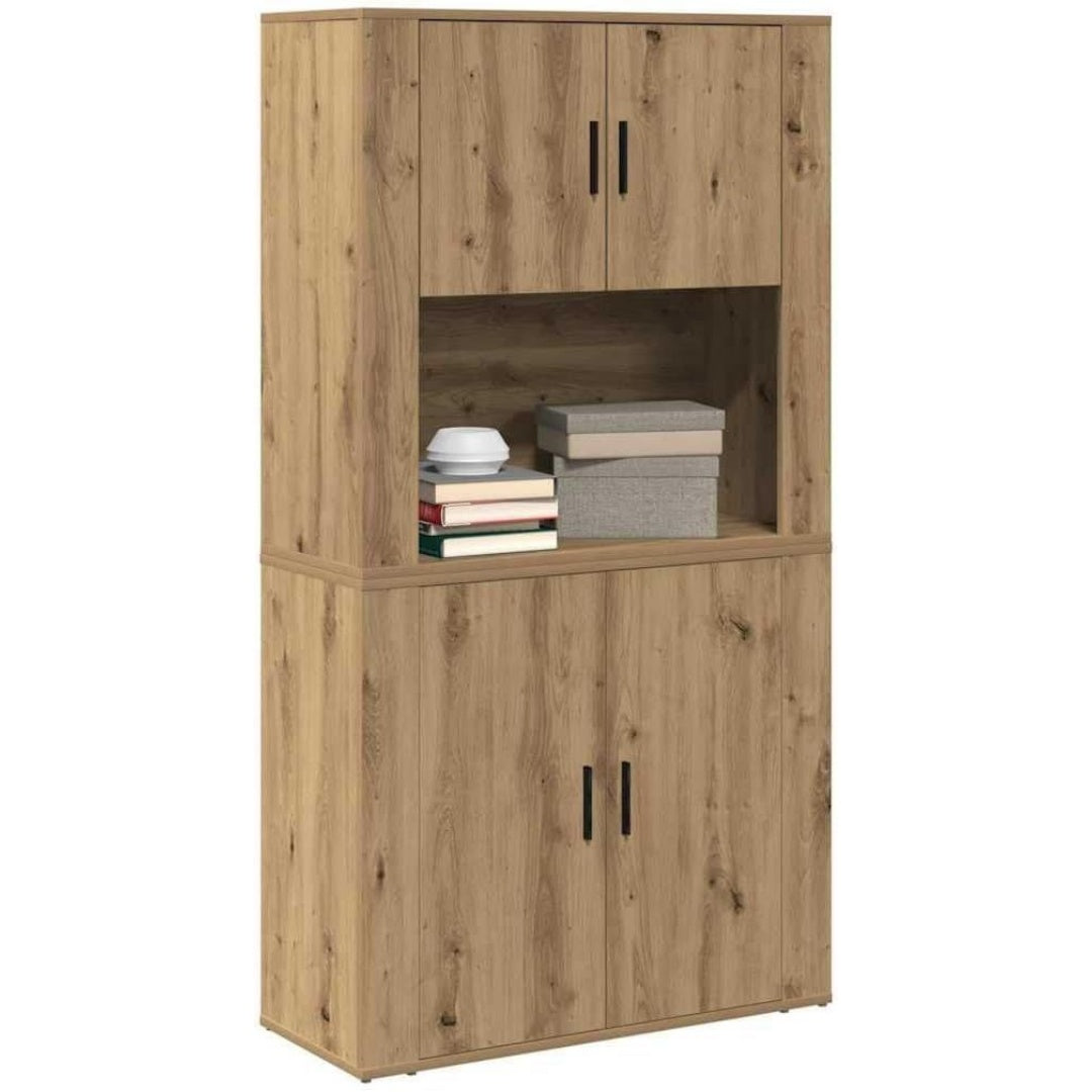 Le charme du rangement avec ce buffet avec portes, aux accents metalliques, coloris chene et bois naturel