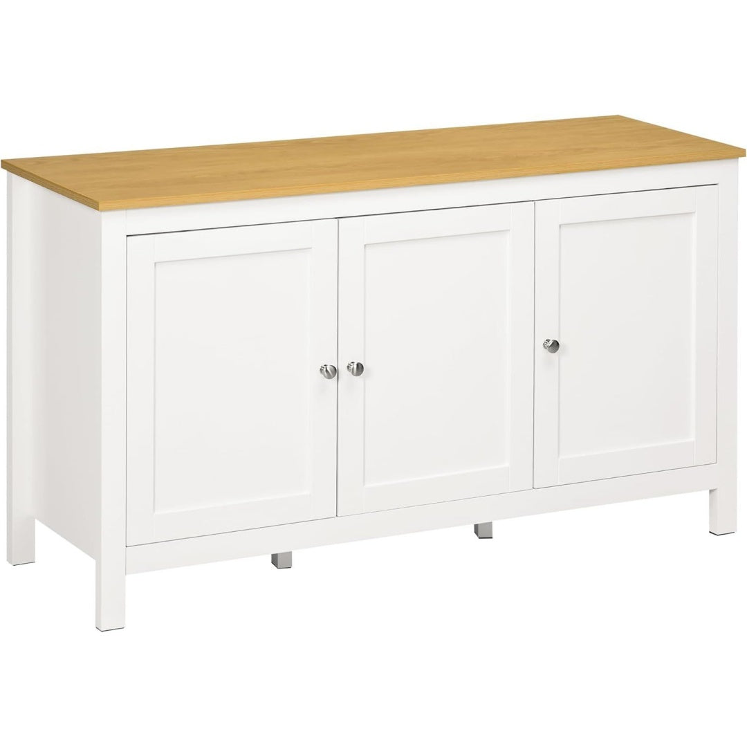 Le charme du rangement avec ce buffet avec portes, avec etageres, coloris blanc et bois naturel