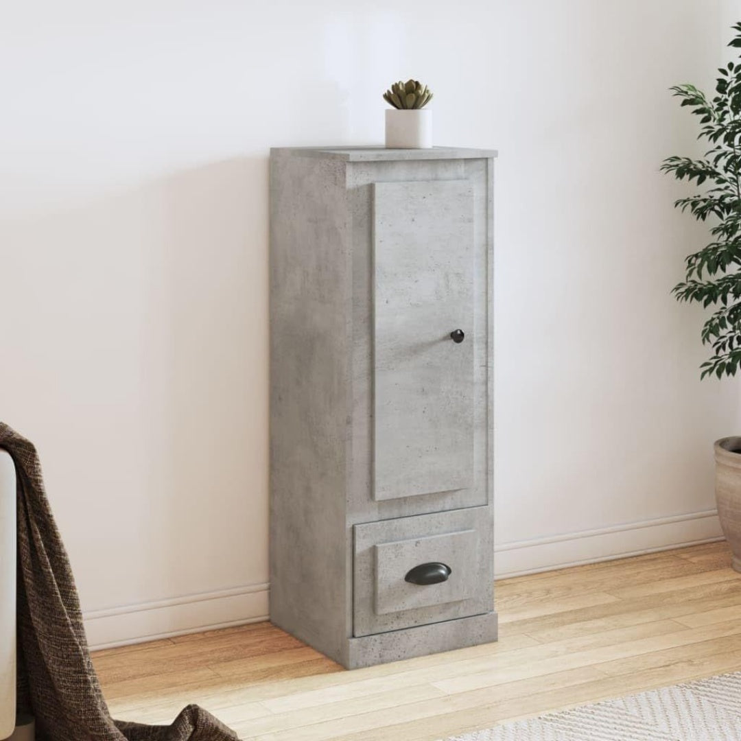 Un espace mieux organise grace a ce buffet a l'aspect bois, finition gris et bois naturel