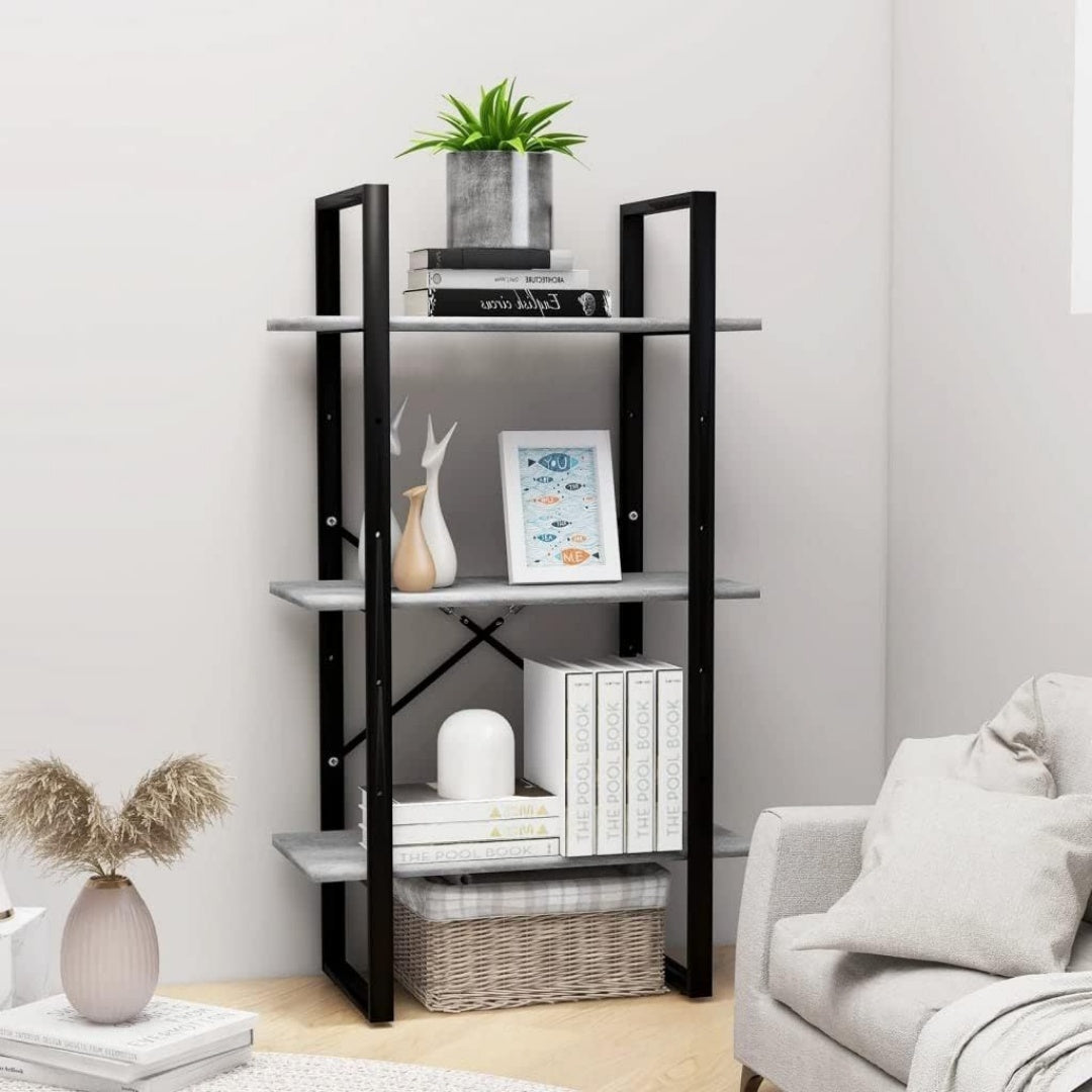 Un espace mieux organise grace a ce bibliotheque avec etageres, aux accents metalliques, finition gris