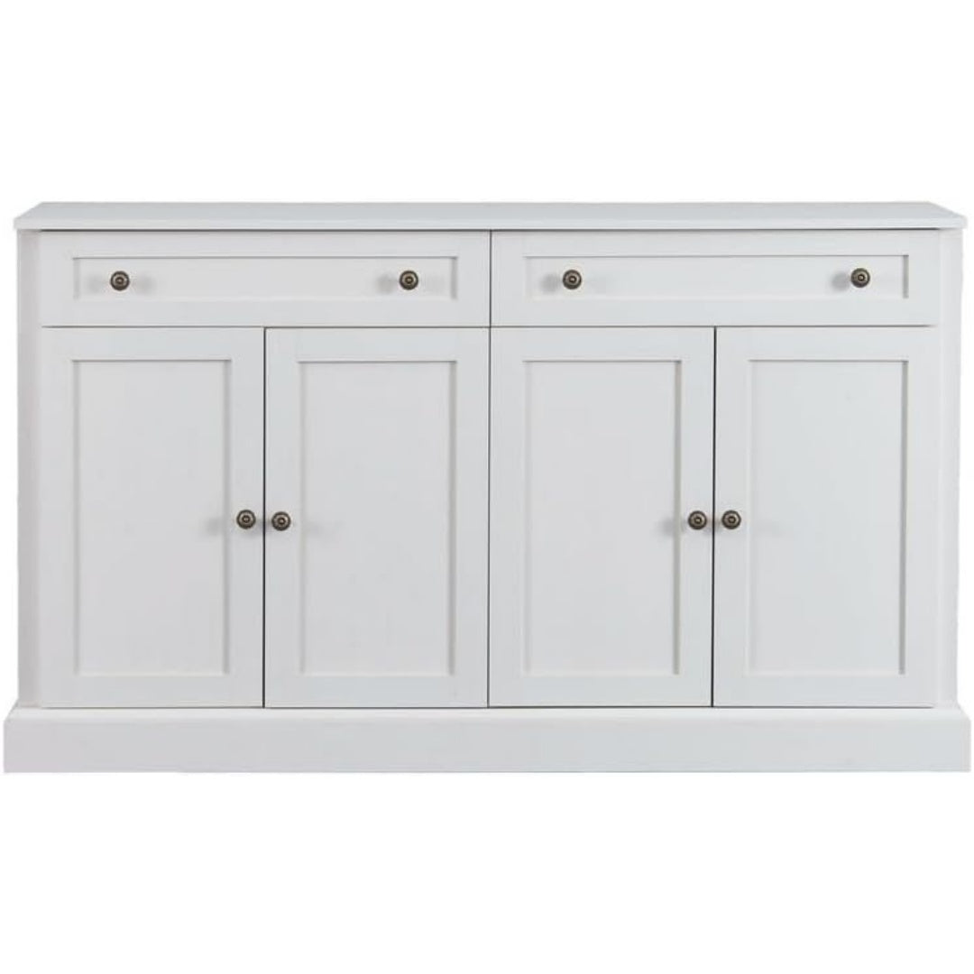 Une silhouette equilibree pour ce buffet avec tiroirs, avec portes, teinte blanc et naturel