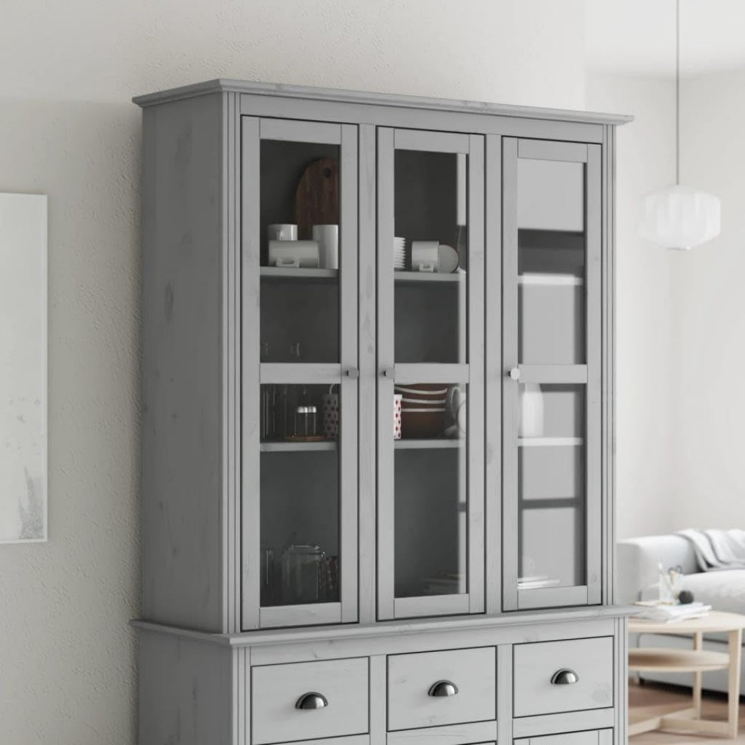 Un espace mieux organise grace a ce buffet avec tiroirs, avec portes, finition gris et naturel