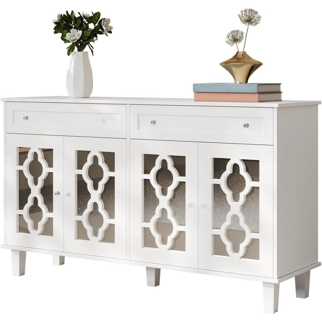 Un espace mieux organise grace a ce buffet avec tiroirs, avec portes, finition blanc