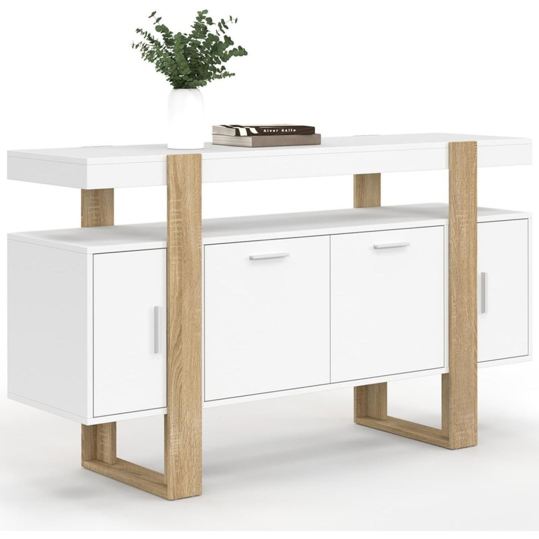 Une touche de caractere, buffet avec portes, avec etageres dans un ton blanc et naturel