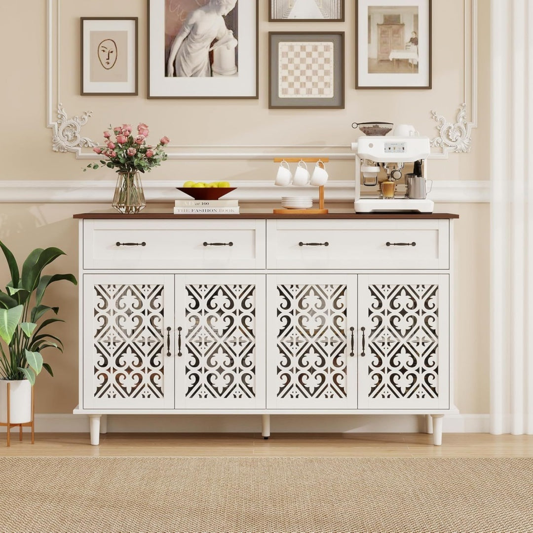 Pour un interieur harmonieux, buffet avec tiroirs, avec portes en finition bois naturel et vert