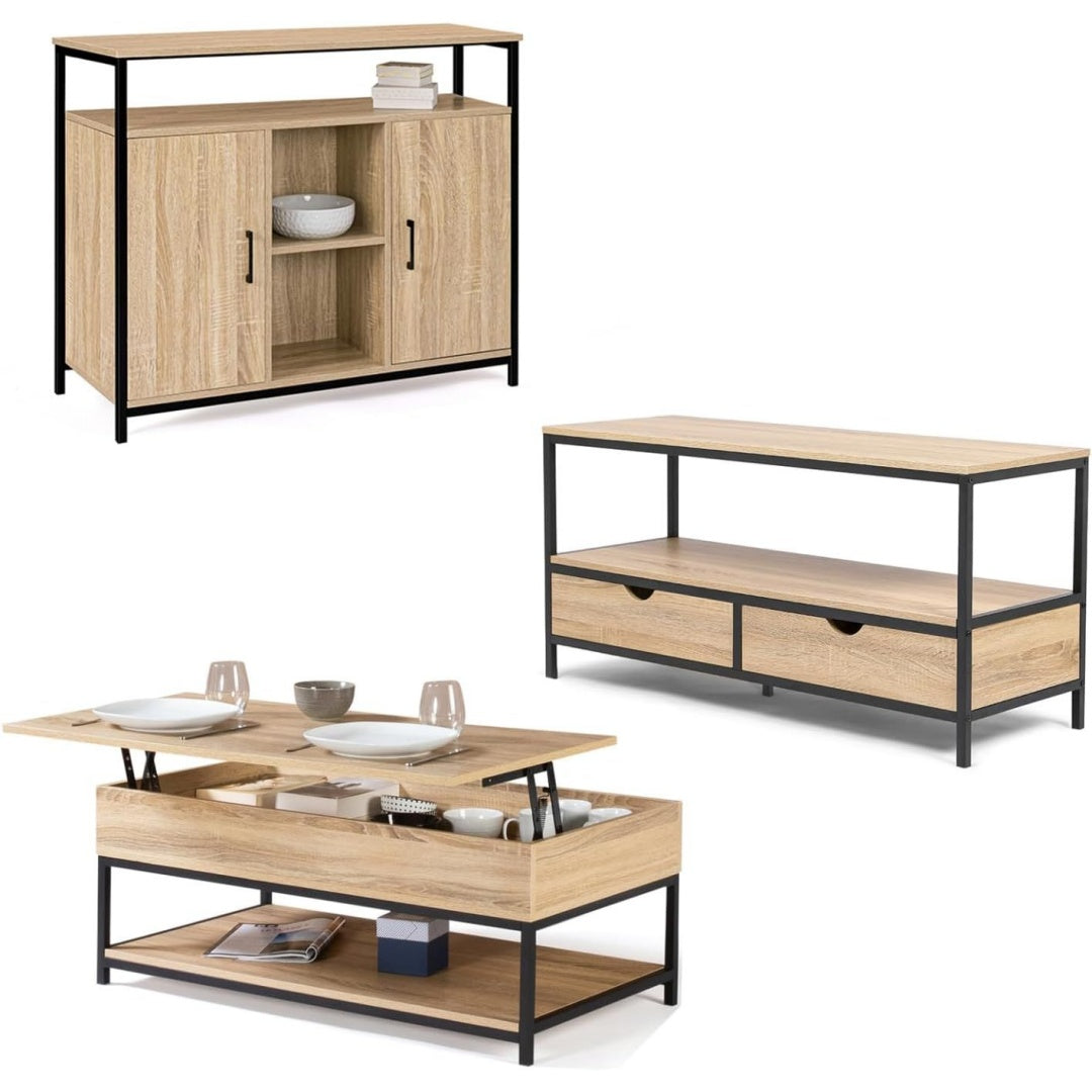 Une silhouette equilibree pour ce buffet avec tiroirs, avec portes, teinte bois naturel