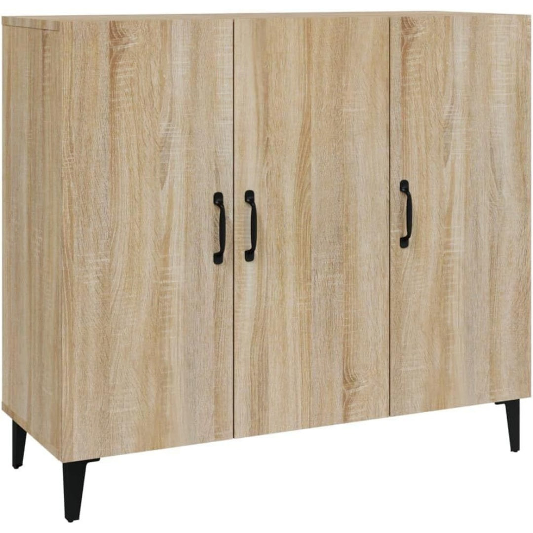 Une silhouette equilibree pour ce buffet a l'aspect bois, au style industriel, teinte chene et bois naturel