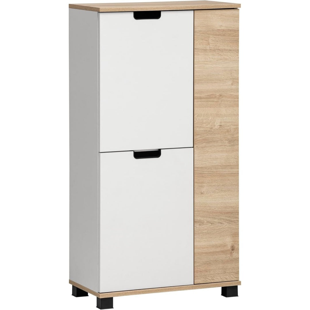 Un espace mieux organise grace a ce buffet avec portes, avec etageres, finition blanc et noir