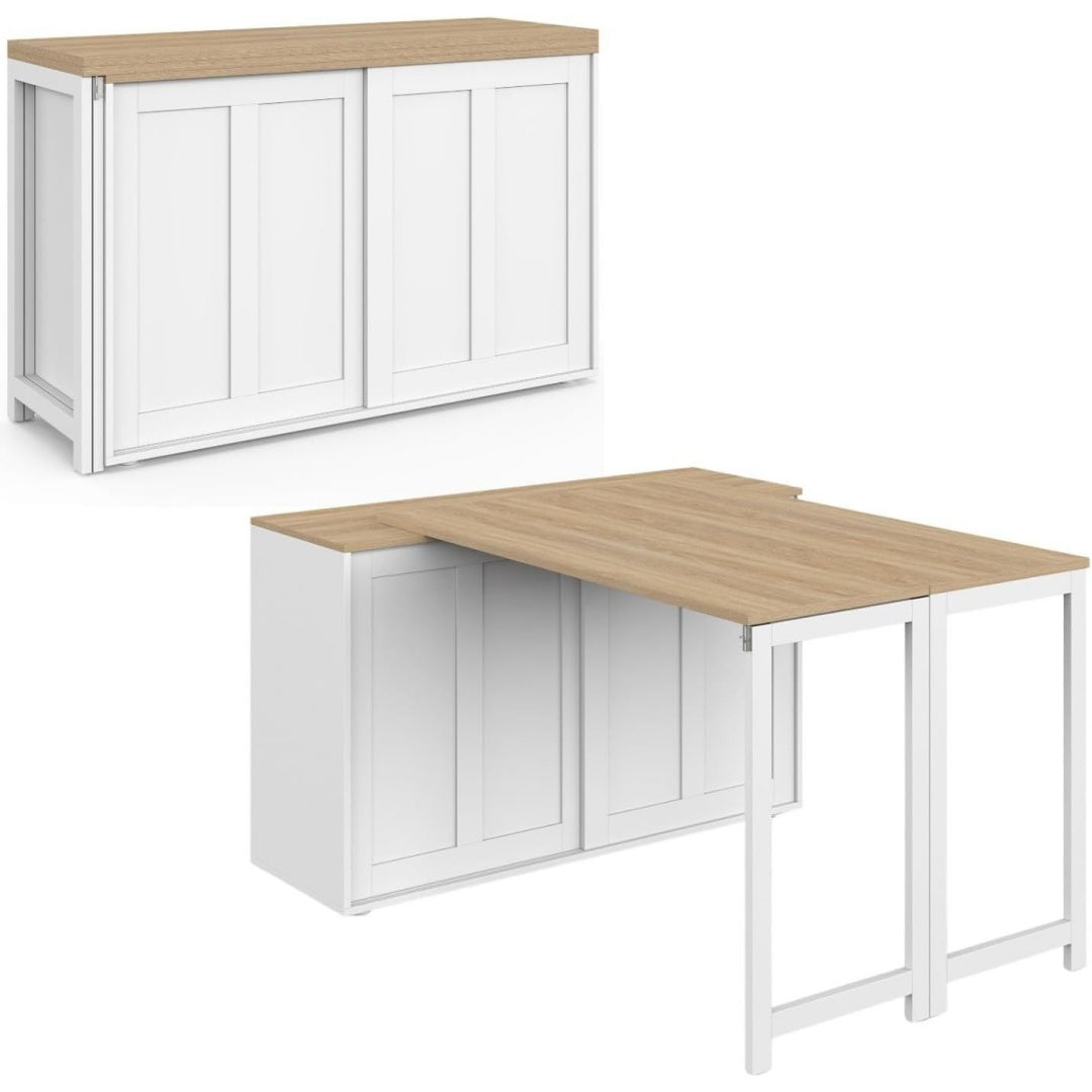 Une touche de caractere, buffet avec portes, a l'aspect bois dans un ton blanc et bois naturel