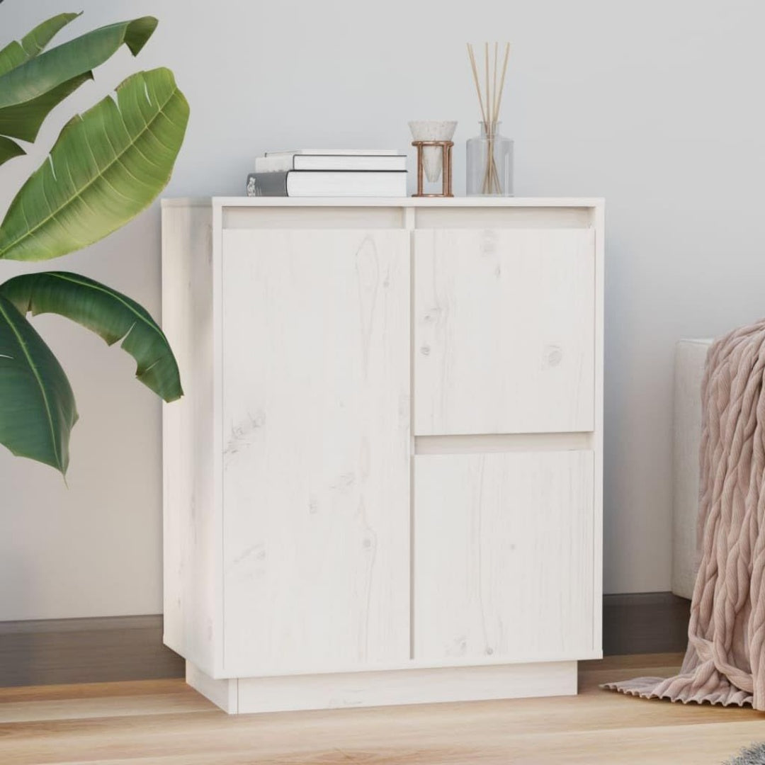 Pour un interieur harmonieux, buffet avec portes, avec etageres en finition blanc et bois naturel