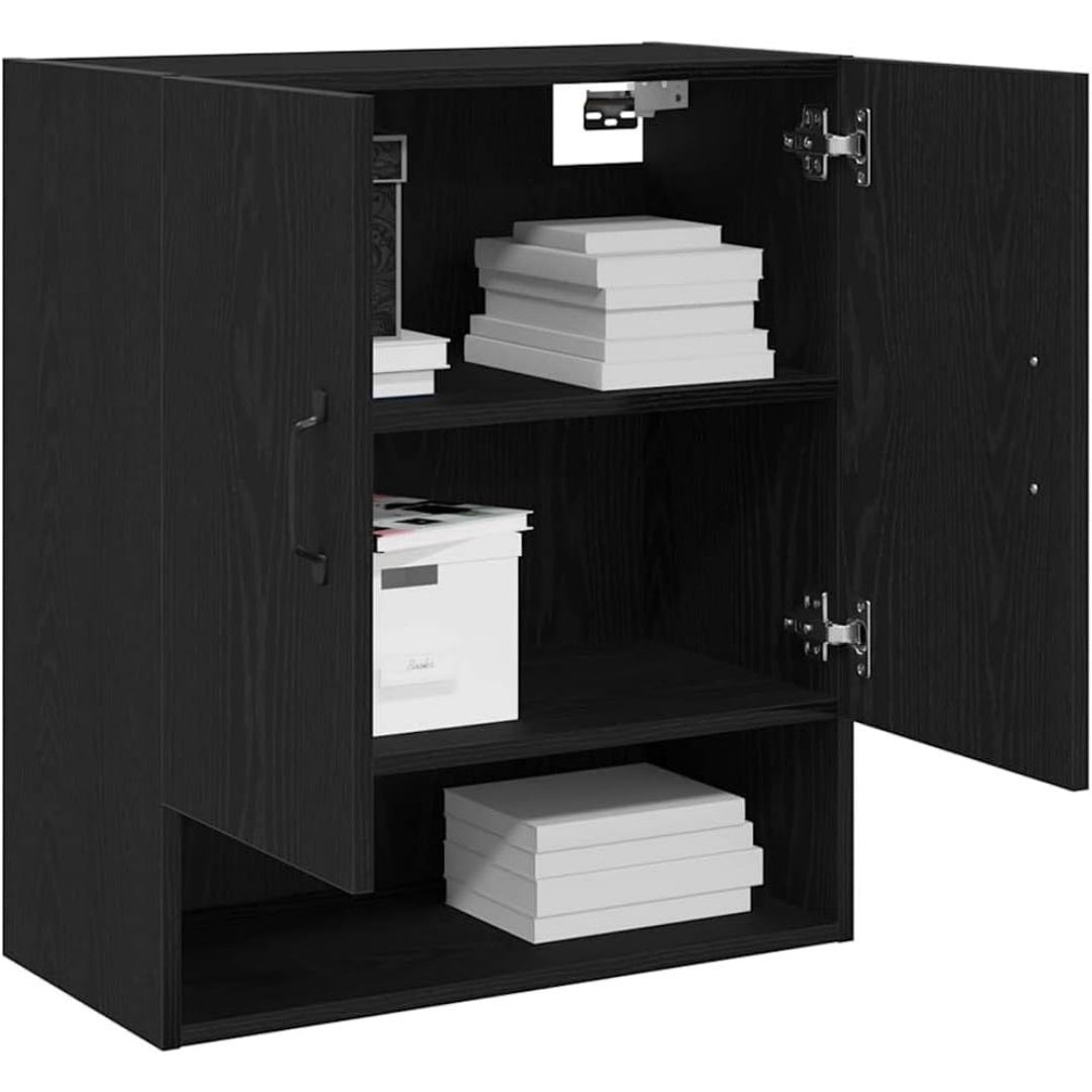 Une silhouette equilibree pour ce bibliotheque avec portes, avec etageres, teinte noir et chene
