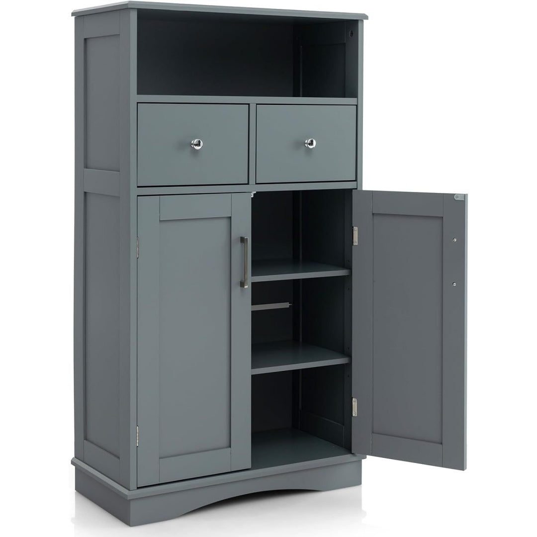 Un espace mieux organise grace a ce commode avec tiroirs, avec portes, finition blanc et gris