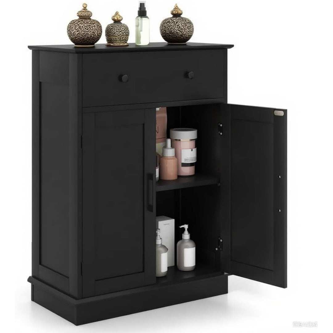Une silhouette equilibree pour ce buffet avec tiroirs, avec portes, teinte noir