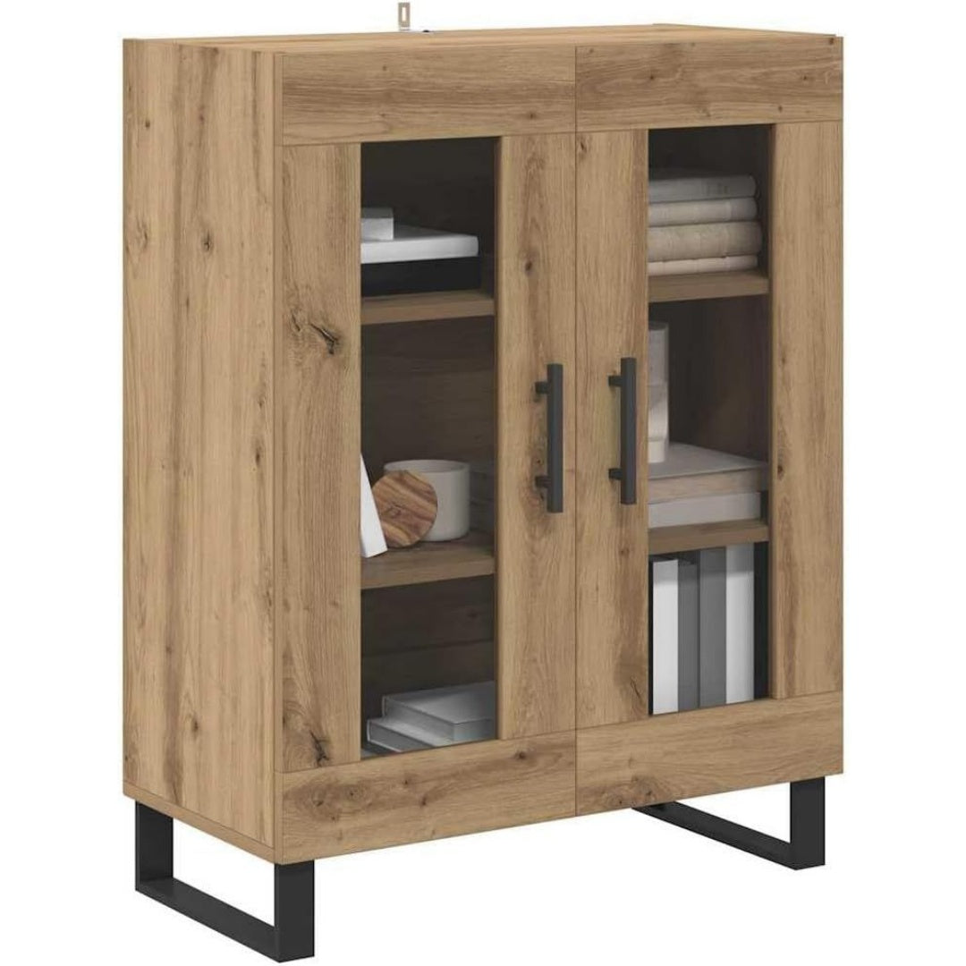 Une silhouette equilibree pour ce buffet avec portes, avec etageres, teinte chene et bois naturel