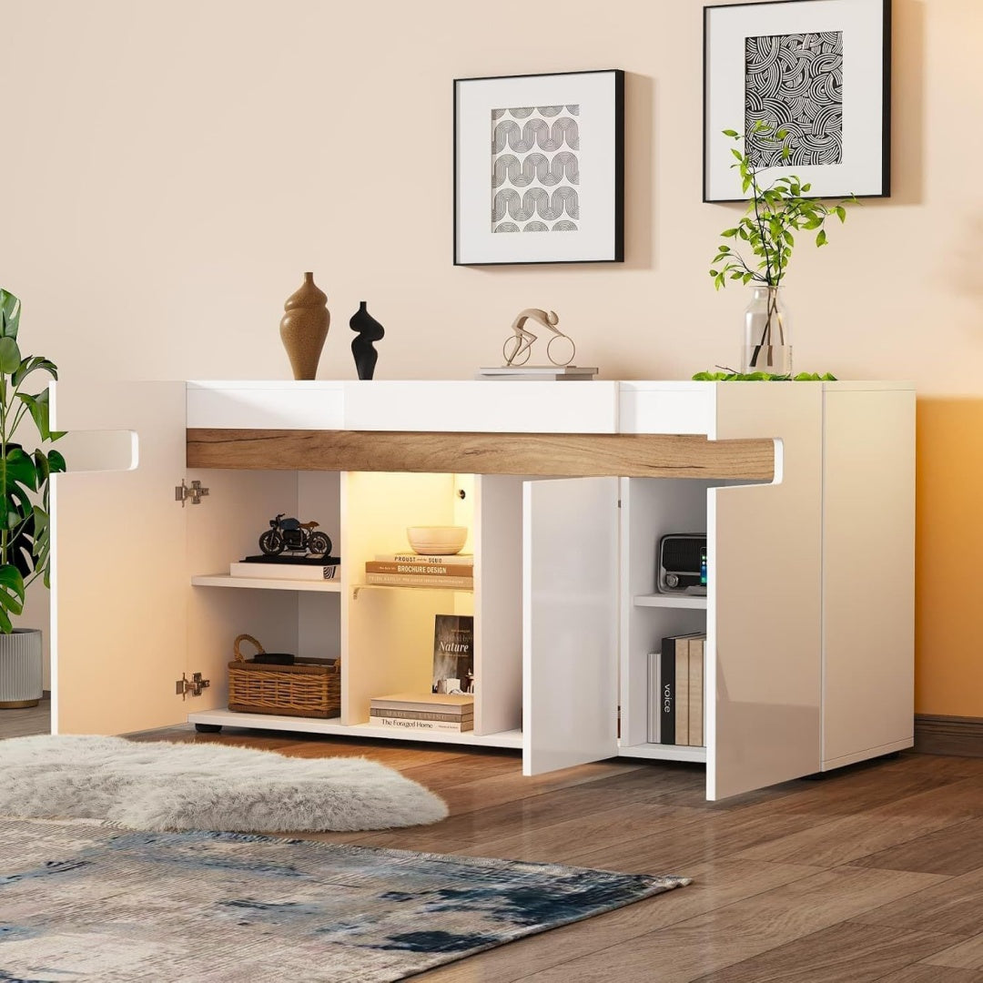 Pour un interieur harmonieux, buffet avec portes, avec etageres en finition blanc et vert