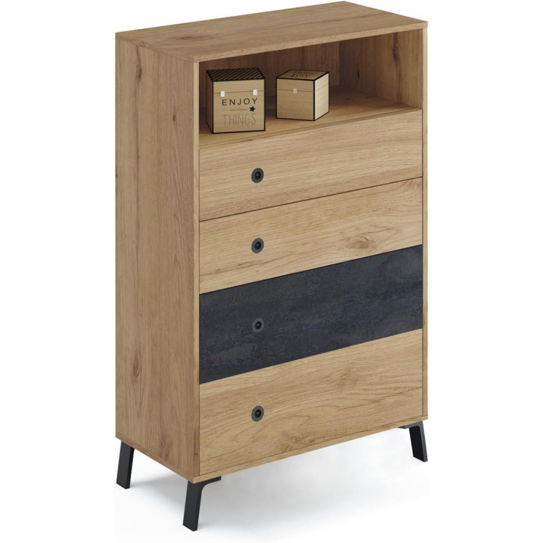 Un espace mieux organise grace a ce commode aux lignes soignees, finition chene et dore