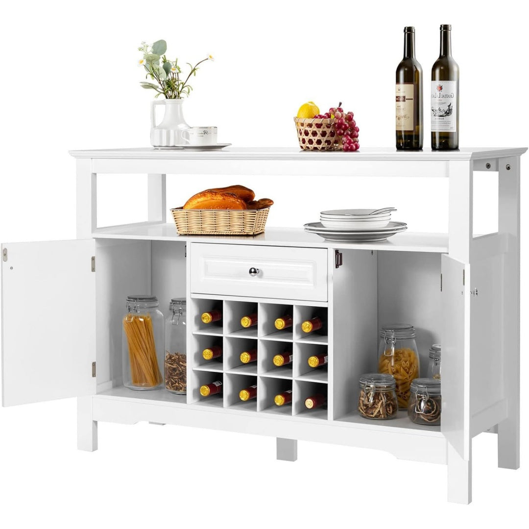 Le charme du rangement avec ce buffet avec tiroirs, avec portes, coloris blanc et bois naturel