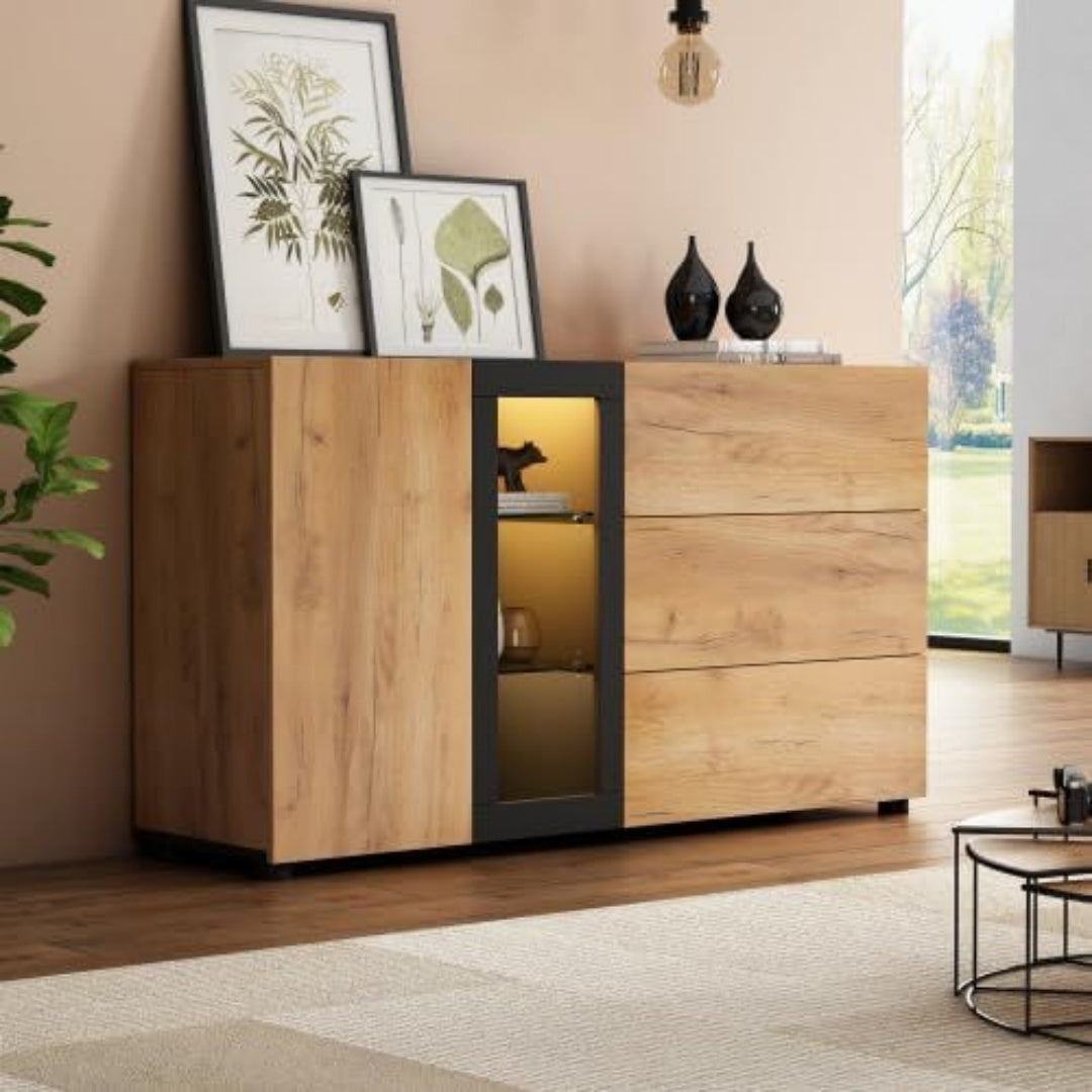 Pour un interieur harmonieux, buffet avec tiroirs, avec portes en finition noir et marron