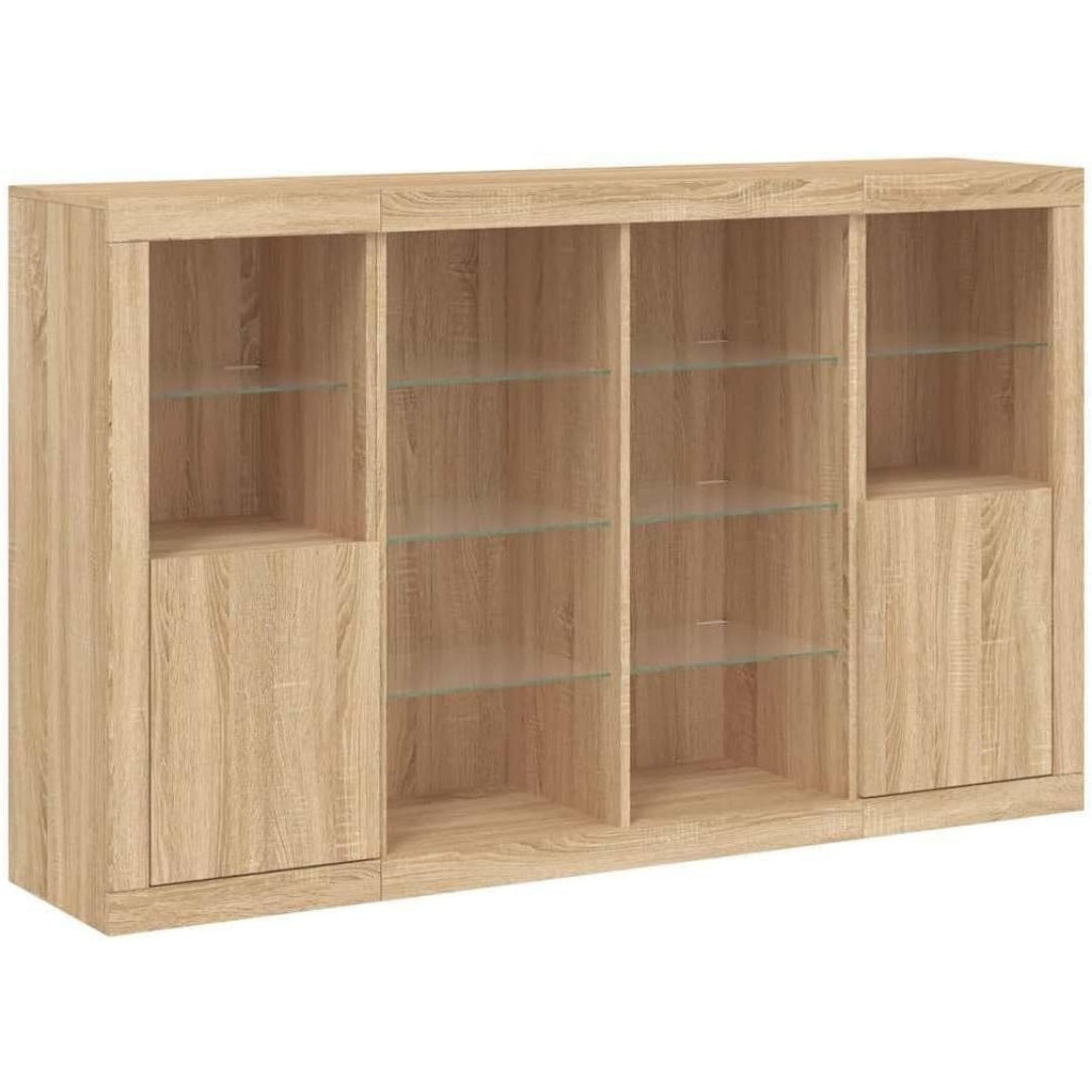 Une silhouette equilibree pour ce buffet avec portes, a l'aspect bois, teinte chene et bois naturel