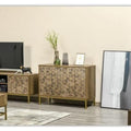 Une silhouette equilibree pour ce buffet avec portes, avec etageres, teinte bois naturel et dore